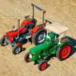 Tractors in a harvested field illustrating mobile farming simulation